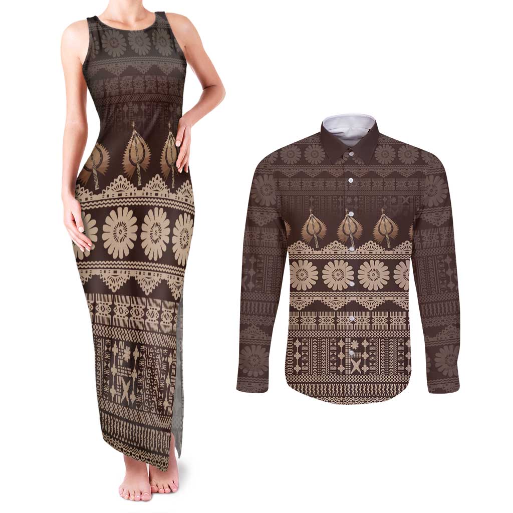 Bula Fiji Iri ni Meke Couples Matching Tank Maxi Dress and Long Sleeve Button Shirt Kuvui Fijian Masi - Polynesian Pride