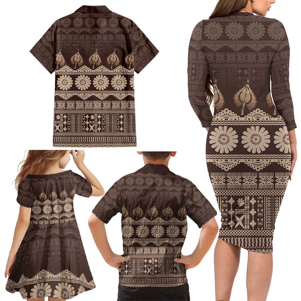 Bula Fiji Iri ni Meke Family Matching Long Sleeve Bodycon Dress and Hawaiian Shirt Kuvui Fijian Masi - Polynesian Pride