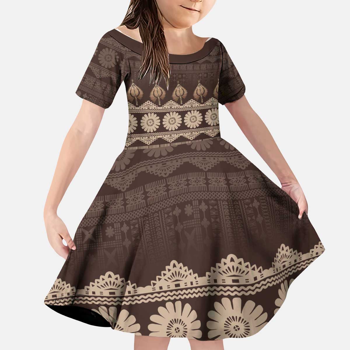 Bula Fiji Iri ni Meke Kid Short Sleeve Dress Kuvui Fijian Masi - Polynesian Pride