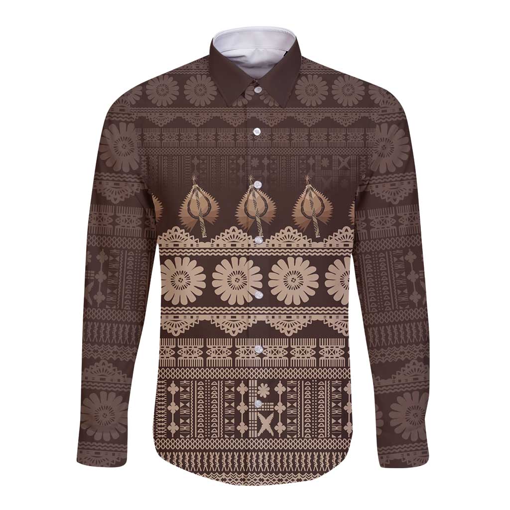 Bula Fiji Iri ni Meke Long Sleeve Button Shirt Kuvui Fijian Masi - Polynesian Pride
