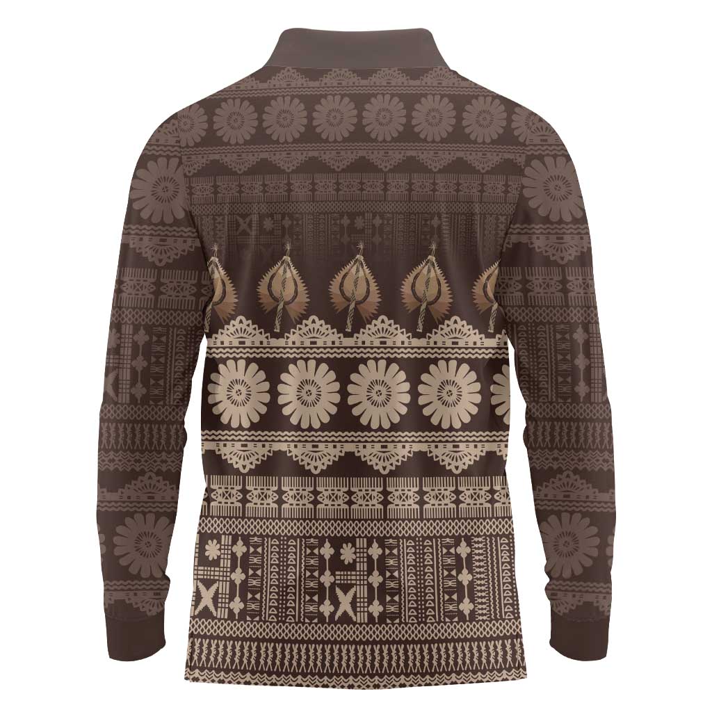 Bula Fiji Iri ni Meke Long Sleeve Polo Shirt Kuvui Fijian Masi - Polynesian Pride