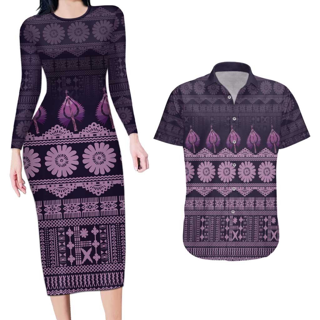 Bula Fiji Iri ni Meke Couples Matching Long Sleeve Bodycon Dress and Hawaiian Shirt Lokaloka Fijian Masi - Polynesian Pride