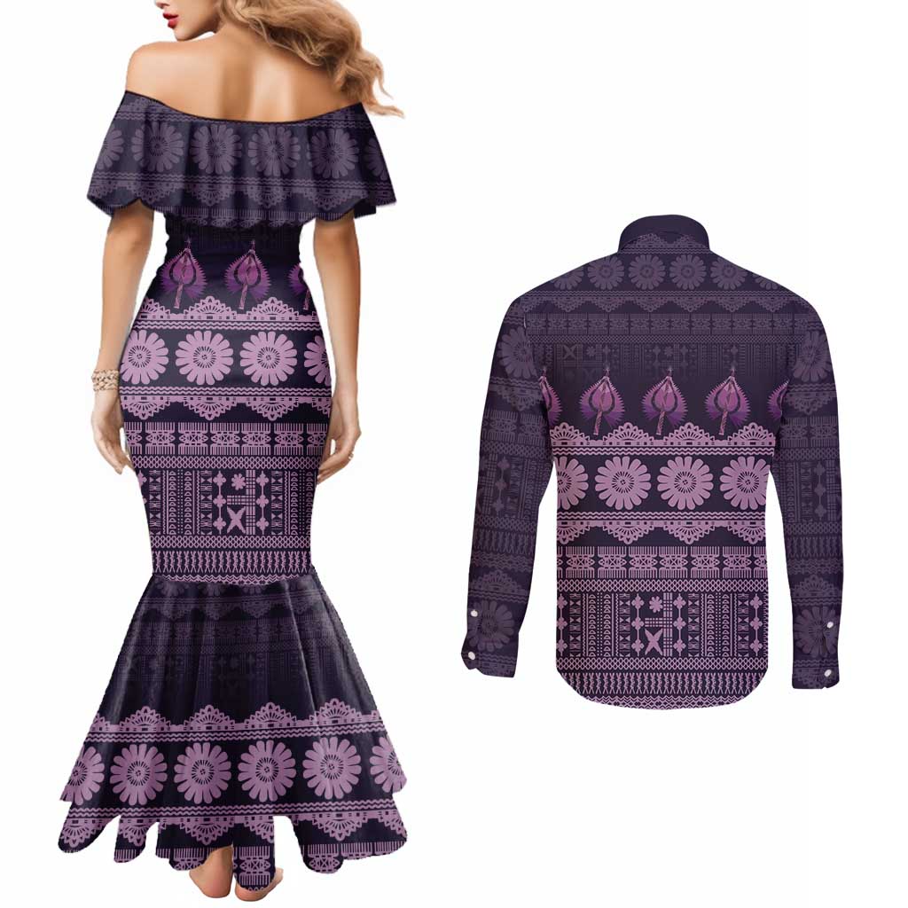 Bula Fiji Iri ni Meke Couples Matching Mermaid Dress and Long Sleeve Button Shirt Lokaloka Fijian Masi - Polynesian Pride