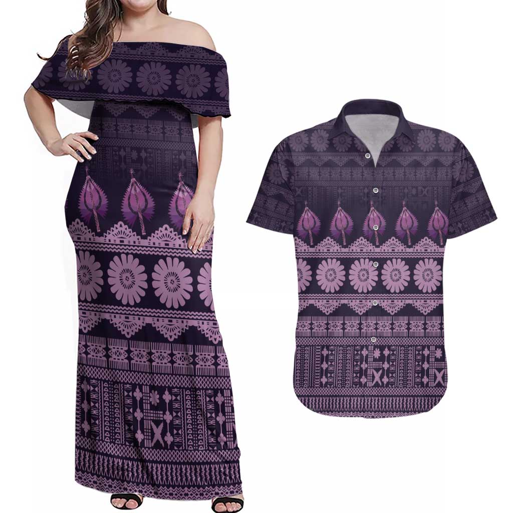 Bula Fiji Iri ni Meke Couples Matching Off Shoulder Maxi Dress and Hawaiian Shirt Lokaloka Fijian Masi - Polynesian Pride