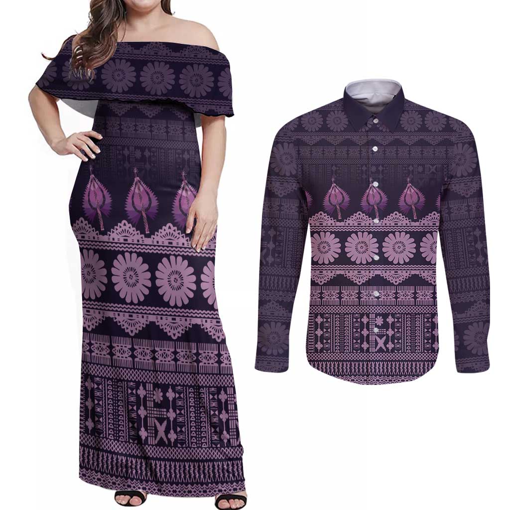 Bula Fiji Iri ni Meke Couples Matching Off Shoulder Maxi Dress and Long Sleeve Button Shirt Lokaloka Fijian Masi - Polynesian Pride