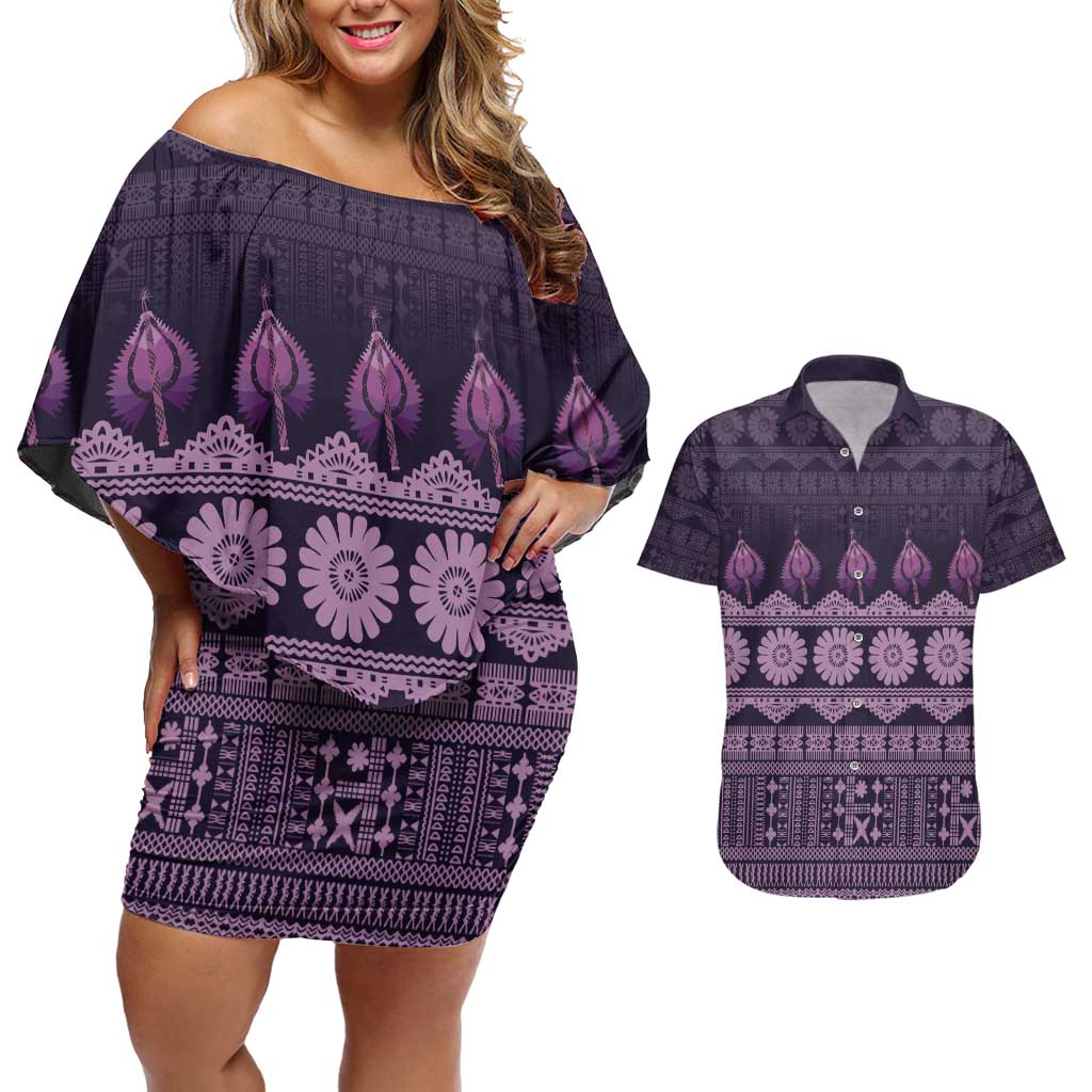 Bula Fiji Iri ni Meke Couples Matching Off Shoulder Short Dress and Hawaiian Shirt Lokaloka Fijian Masi - Polynesian Pride
