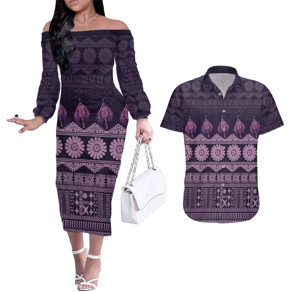 Bula Fiji Iri ni Meke Couples Matching Off The Shoulder Long Sleeve Dress and Hawaiian Shirt Lokaloka Fijian Masi - Polynesian Pride