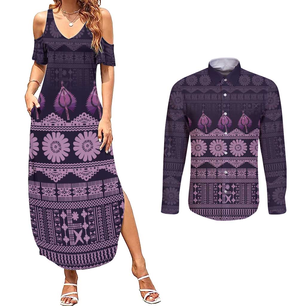 Bula Fiji Iri ni Meke Couples Matching Summer Maxi Dress and Long Sleeve Button Shirt Lokaloka Fijian Masi - Polynesian Pride