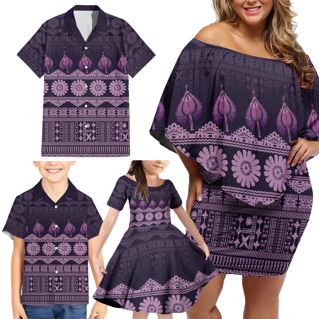 Bula Fiji Iri ni Meke Family Matching Off Shoulder Short Dress and Hawaiian Shirt Lokaloka Fijian Masi - Polynesian Pride