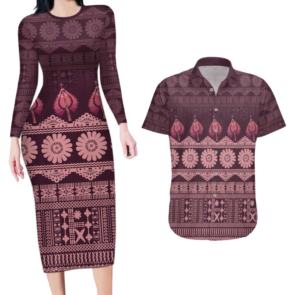 Bula Fiji Iri ni Meke Couples Matching Long Sleeve Bodycon Dress and Hawaiian Shirt Piqi Fijian Masi - Polynesian Pride