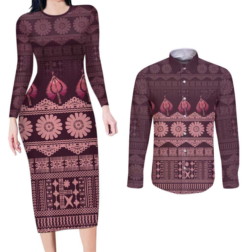 Bula Fiji Iri ni Meke Couples Matching Long Sleeve Bodycon Dress and Long Sleeve Button Shirt Piqi Fijian Masi - Polynesian Pride