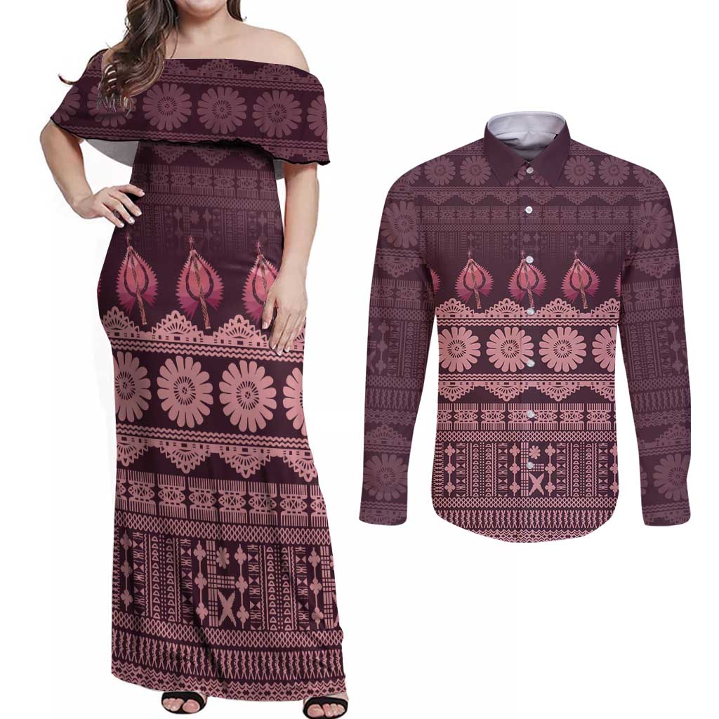 Bula Fiji Iri ni Meke Couples Matching Off Shoulder Maxi Dress and Long Sleeve Button Shirt Piqi Fijian Masi - Polynesian Pride
