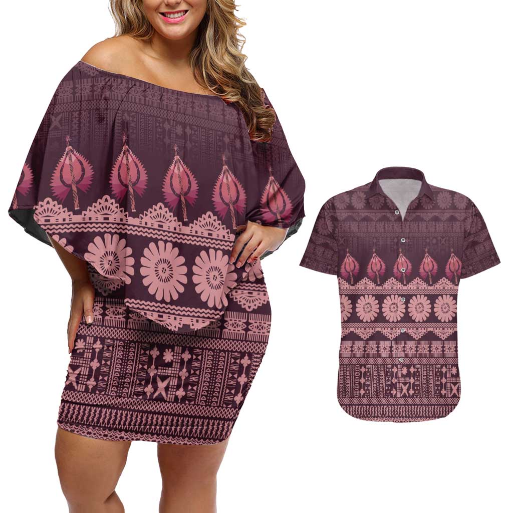 Bula Fiji Iri ni Meke Couples Matching Off Shoulder Short Dress and Hawaiian Shirt Piqi Fijian Masi - Polynesian Pride