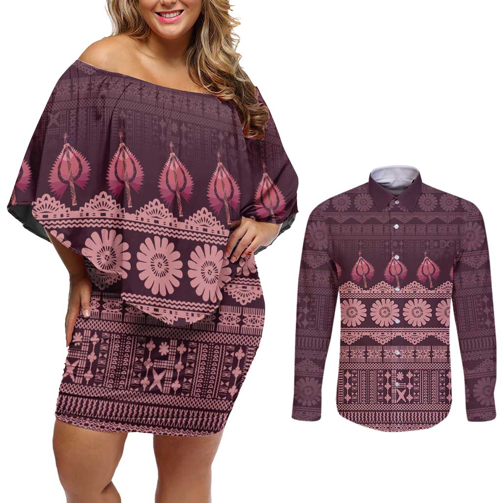 Bula Fiji Iri ni Meke Couples Matching Off Shoulder Short Dress and Long Sleeve Button Shirt Piqi Fijian Masi - Polynesian Pride
