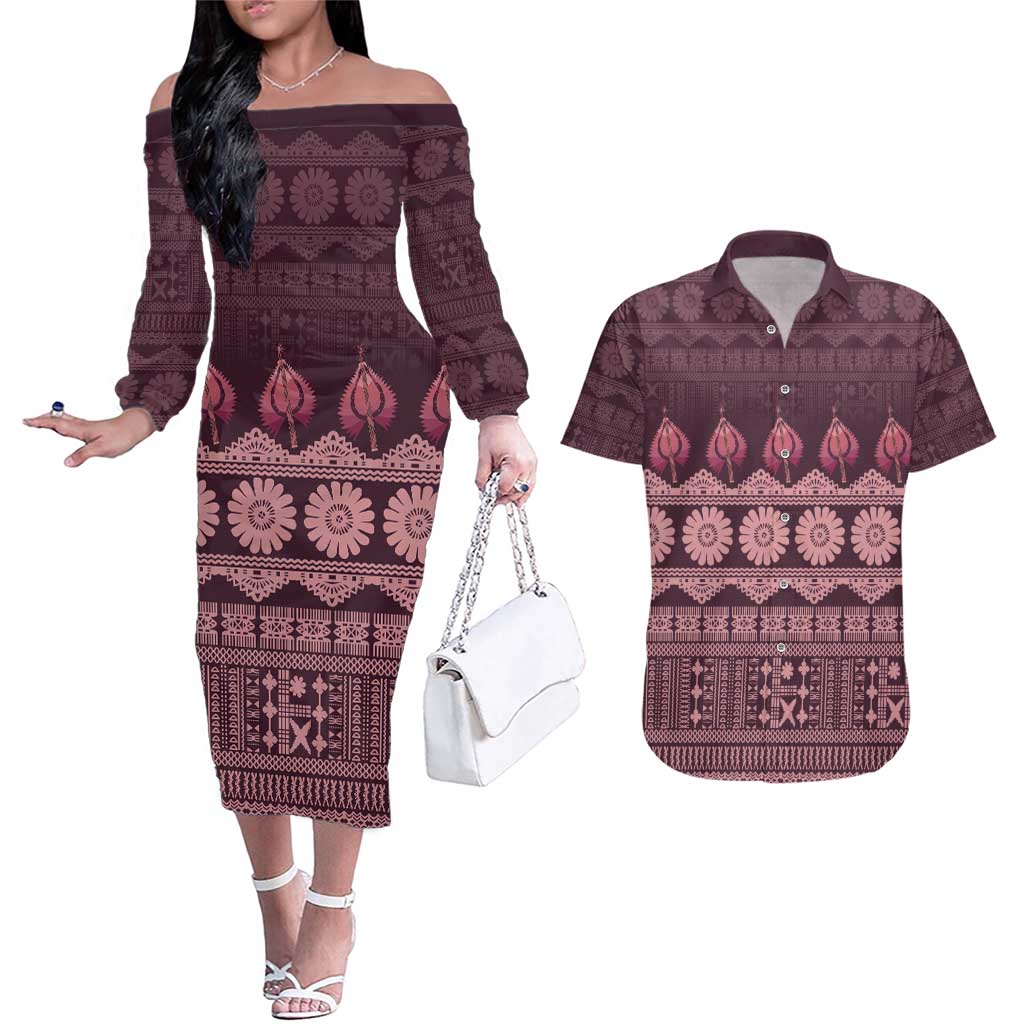 Bula Fiji Iri ni Meke Couples Matching Off The Shoulder Long Sleeve Dress and Hawaiian Shirt Piqi Fijian Masi - Polynesian Pride