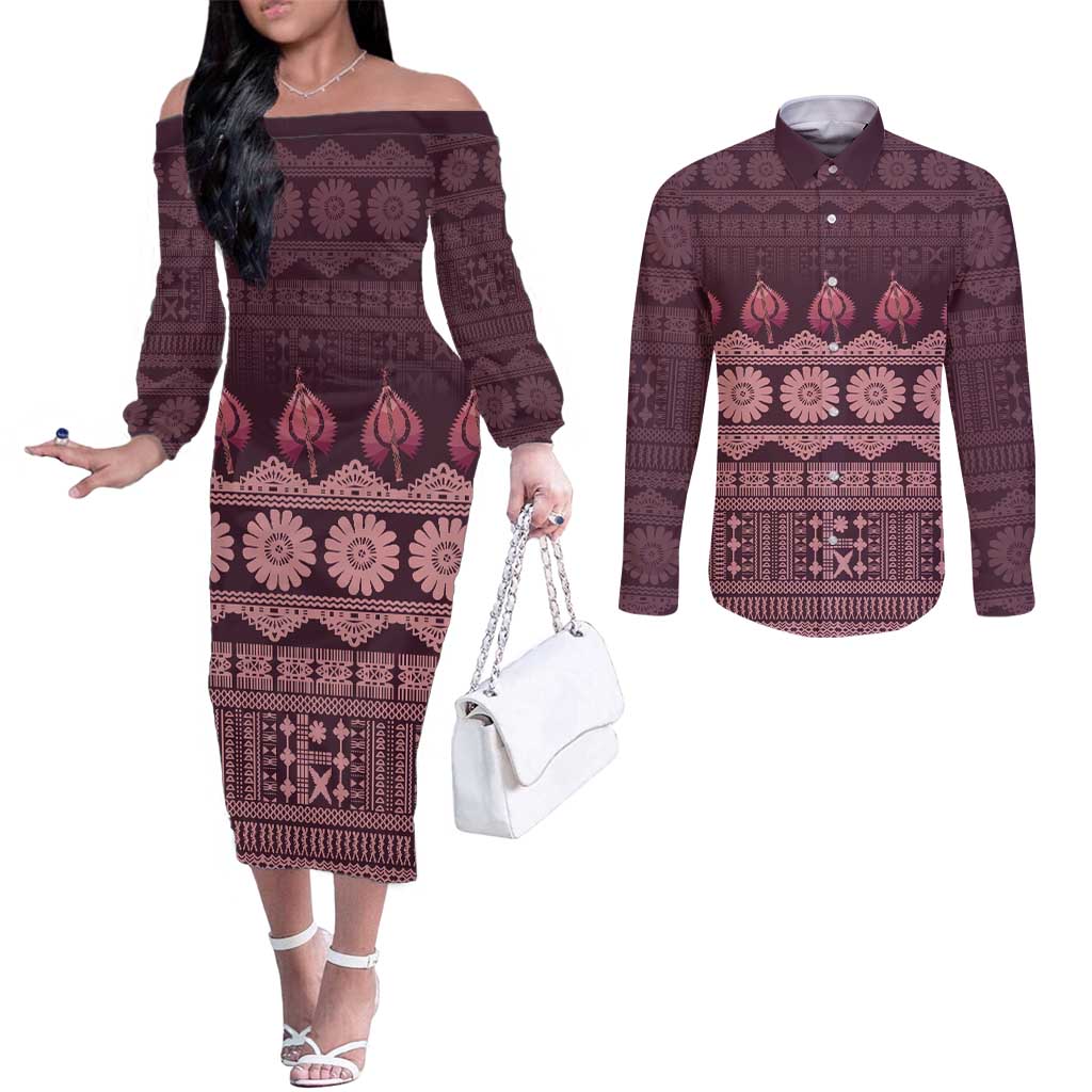 Bula Fiji Iri ni Meke Couples Matching Off The Shoulder Long Sleeve Dress and Long Sleeve Button Shirt Piqi Fijian Masi - Polynesian Pride
