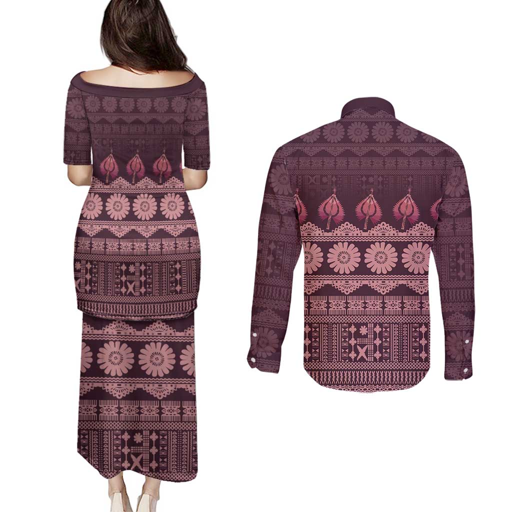 Bula Fiji Iri ni Meke Couples Matching Puletasi and Long Sleeve Button Shirt Piqi Fijian Masi - Polynesian Pride