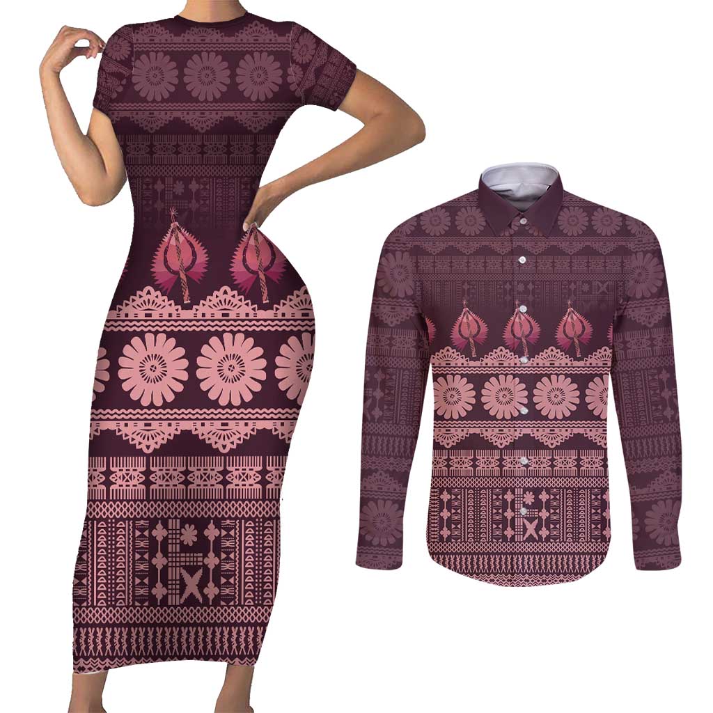 Bula Fiji Iri ni Meke Couples Matching Short Sleeve Bodycon Dress and Long Sleeve Button Shirt Piqi Fijian Masi - Polynesian Pride