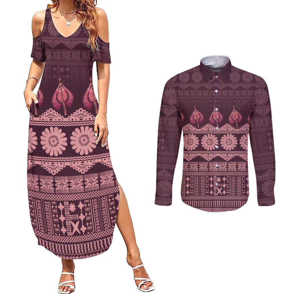 Bula Fiji Iri ni Meke Couples Matching Summer Maxi Dress and Long Sleeve Button Shirt Piqi Fijian Masi - Polynesian Pride