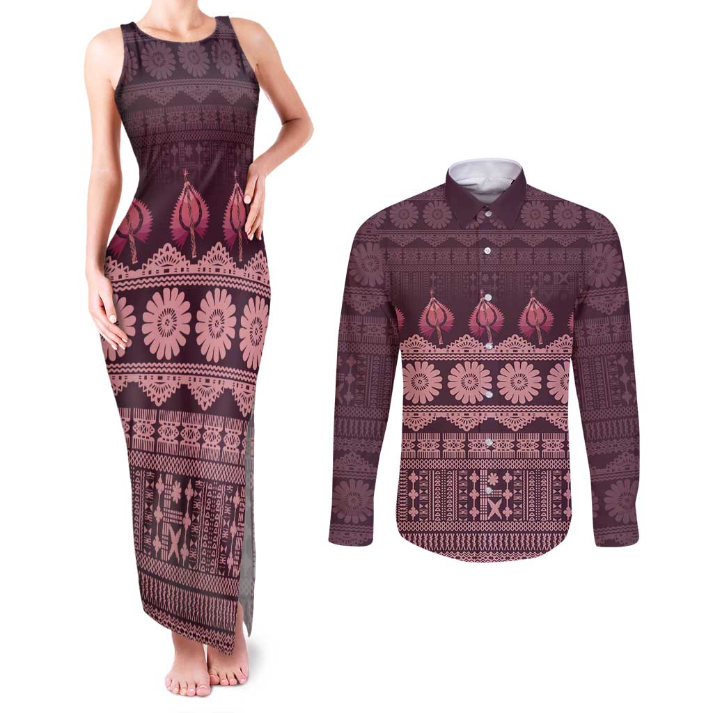 Bula Fiji Iri ni Meke Couples Matching Tank Maxi Dress and Long Sleeve Button Shirt Piqi Fijian Masi - Polynesian Pride