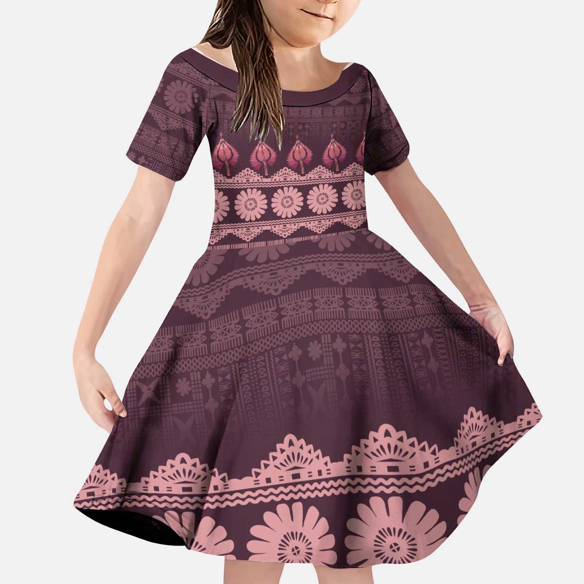 Bula Fiji Iri ni Meke Kid Short Sleeve Dress Piqi Fijian Masi - Polynesian Pride