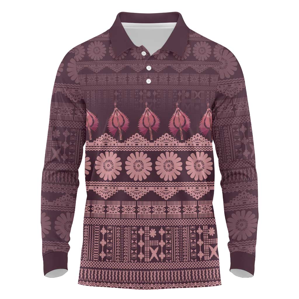 Bula Fiji Iri ni Meke Long Sleeve Polo Shirt Piqi Fijian Masi - Polynesian Pride