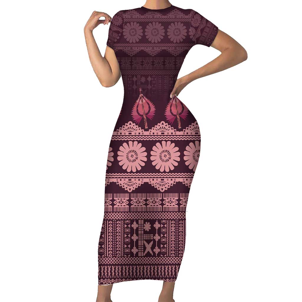 Bula Fiji Iri ni Meke Short Sleeve Bodycon Dress Piqi Fijian Masi - Polynesian Pride