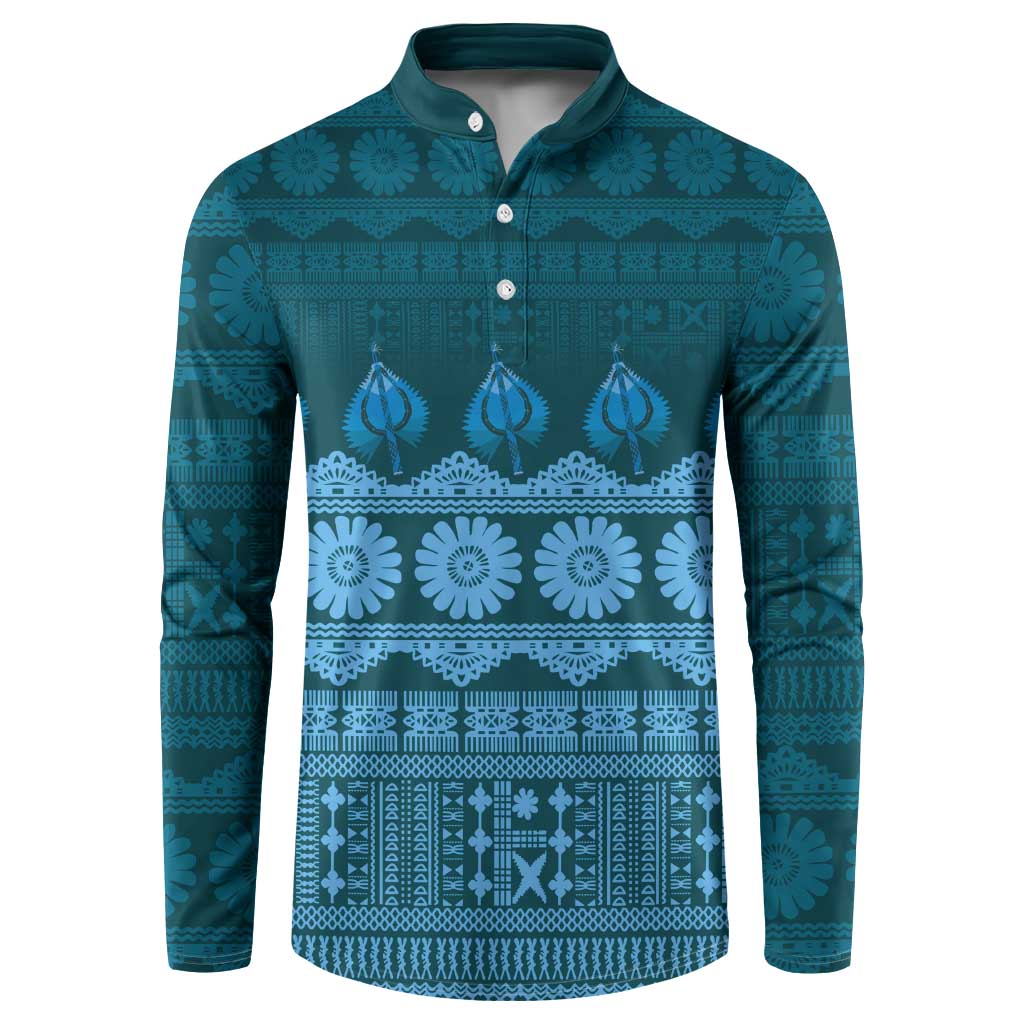 Bula Fiji Iri ni Meke Button Sweatshirt Karakarawa Fijian Masi LT14 Blue - Polynesian Pride