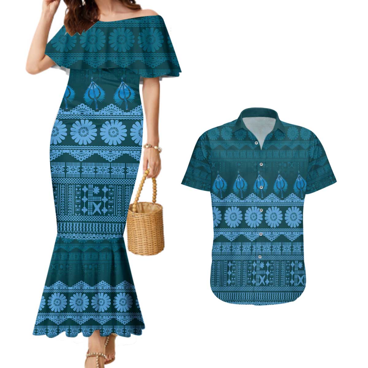 Bula Fiji Iri ni Meke Couples Matching Mermaid Dress and Hawaiian Shirt Karakarawa Fijian Masi - Polynesian Pride
