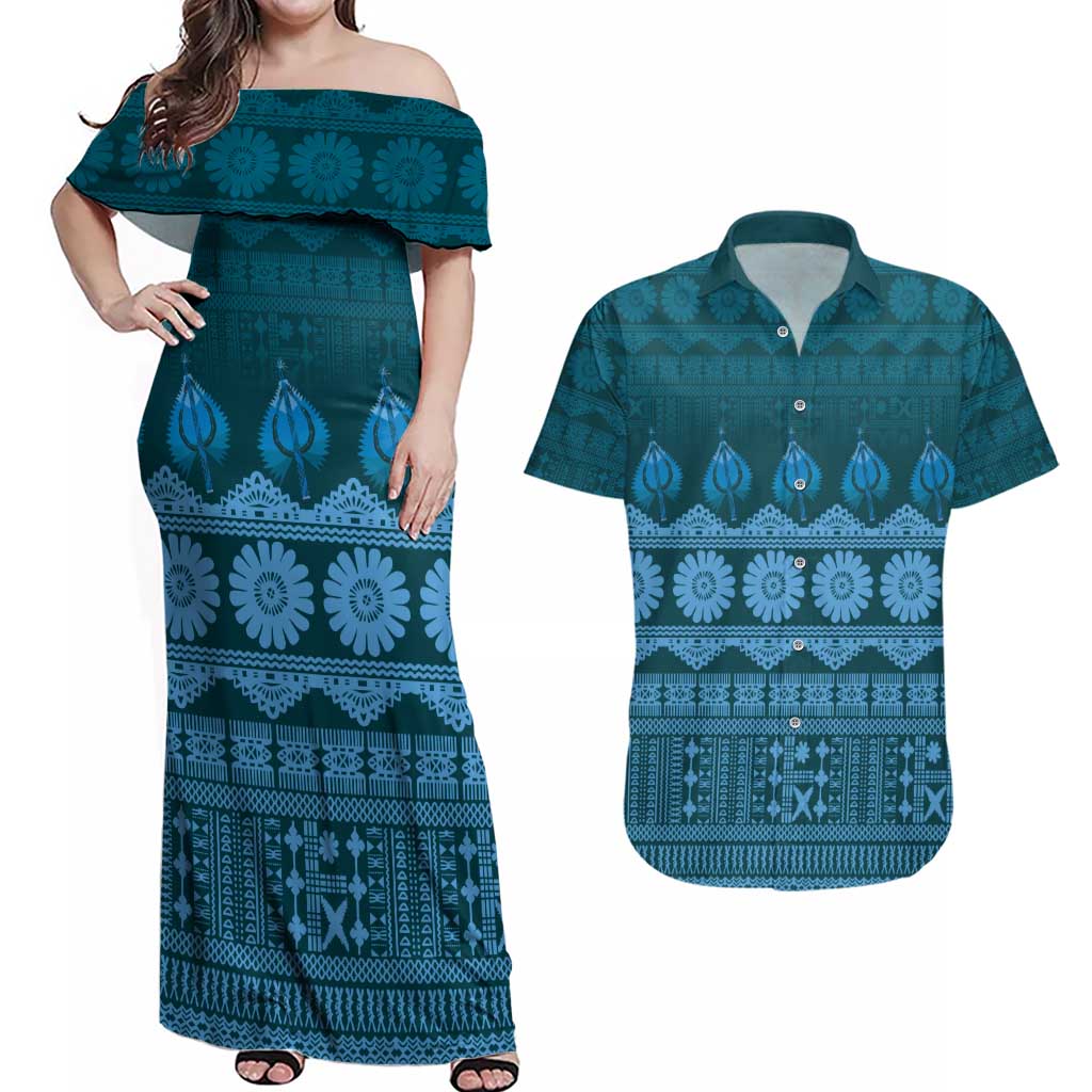 Bula Fiji Iri ni Meke Couples Matching Off Shoulder Maxi Dress and Hawaiian Shirt Karakarawa Fijian Masi - Polynesian Pride