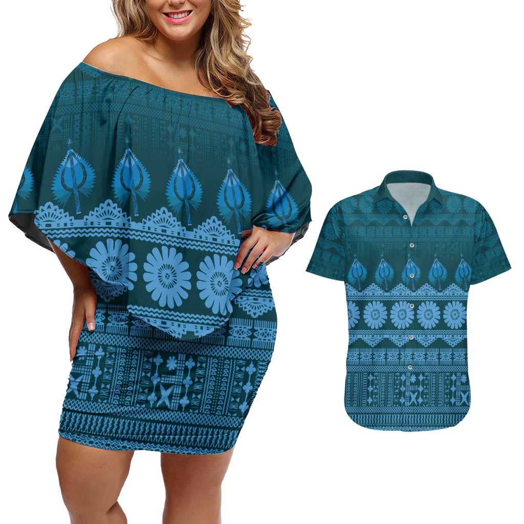 Bula Fiji Iri ni Meke Couples Matching Off Shoulder Short Dress and Hawaiian Shirt Karakarawa Fijian Masi - Polynesian Pride
