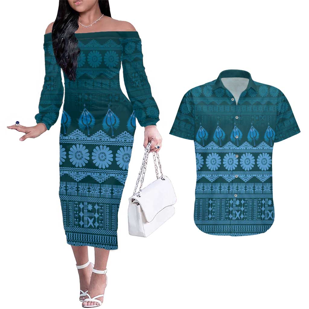 Bula Fiji Iri ni Meke Couples Matching Off The Shoulder Long Sleeve Dress and Hawaiian Shirt Karakarawa Fijian Masi - Polynesian Pride