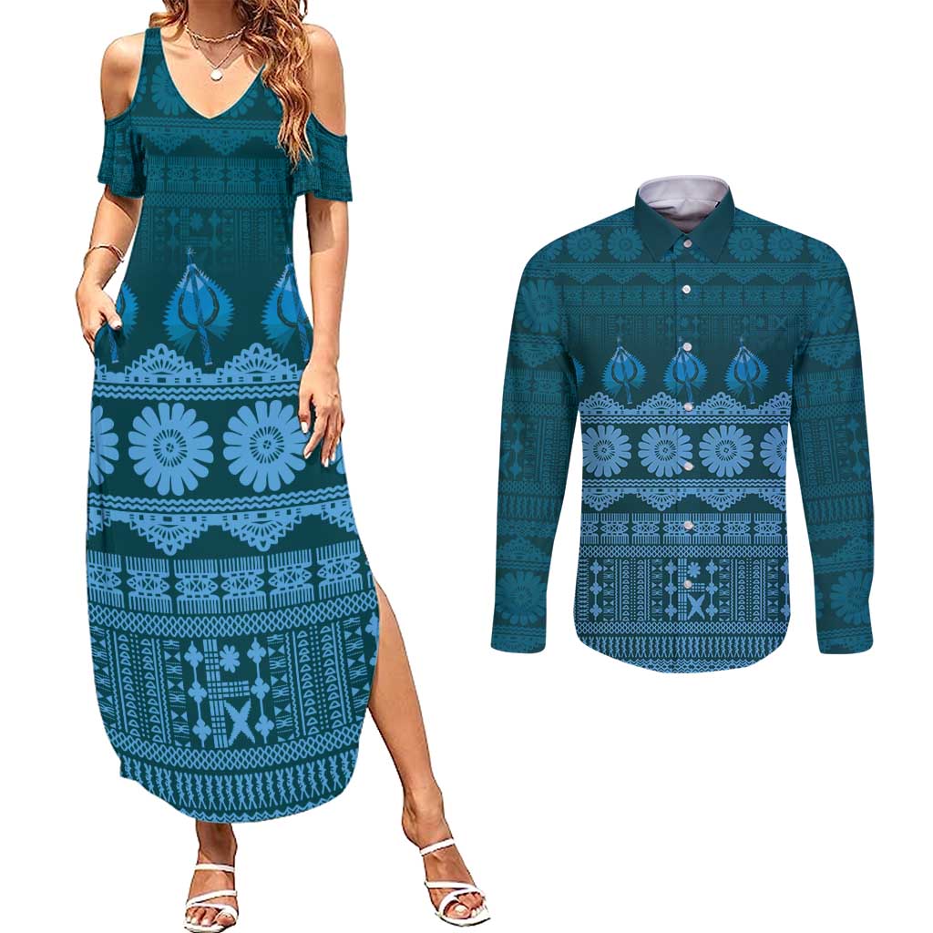 Bula Fiji Iri ni Meke Couples Matching Summer Maxi Dress and Long Sleeve Button Shirt Karakarawa Fijian Masi - Polynesian Pride