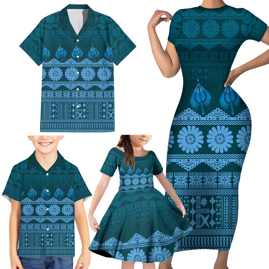 Bula Fiji Iri ni Meke Family Matching Short Sleeve Bodycon Dress and Hawaiian Shirt Karakarawa Fijian Masi - Polynesian Pride