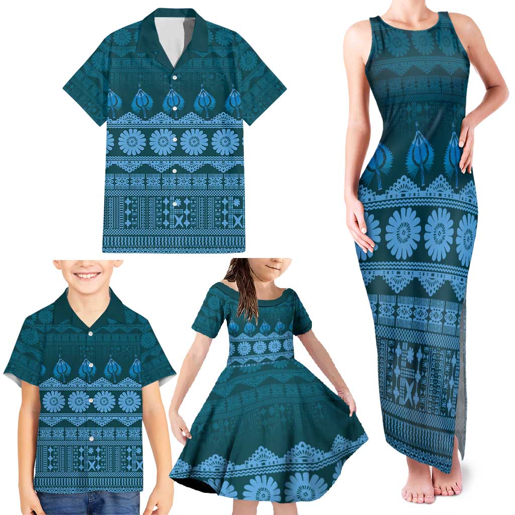Bula Fiji Iri ni Meke Family Matching Tank Maxi Dress and Hawaiian Shirt Karakarawa Fijian Masi - Polynesian Pride