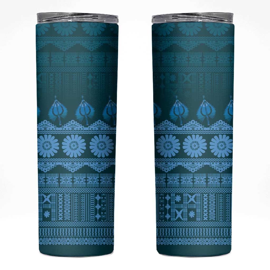 Bula Fiji Iri ni Meke Skinny Tumbler Karakarawa Fijian Masi LT14 Blue - Polynesian Pride