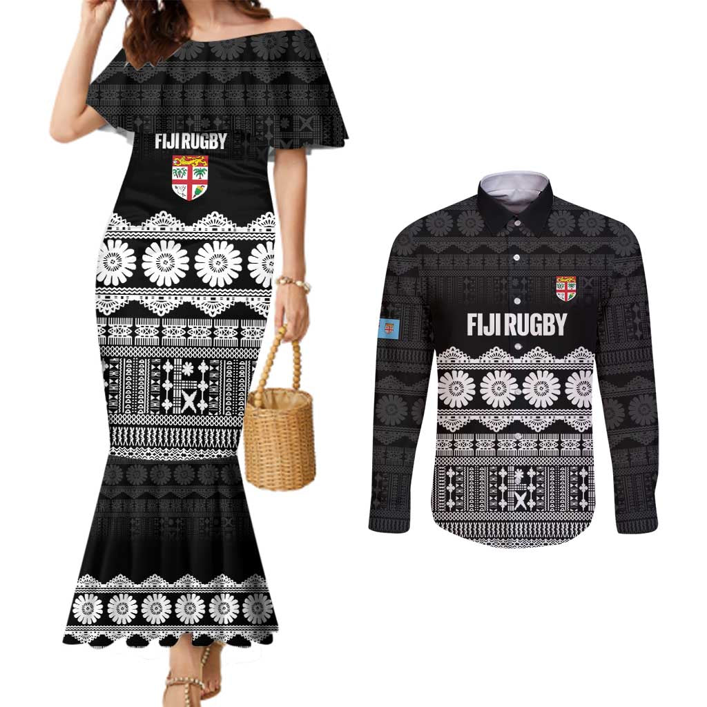 Fiji Tapa Rugby Custom Couples Matching Mermaid Dress and Long Sleeve Button Shirt Go Fijiana - Polynesian Pride