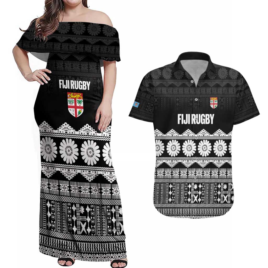 Fiji Tapa Rugby Custom Couples Matching Off Shoulder Maxi Dress and Hawaiian Shirt Go Fijiana - Polynesian Pride