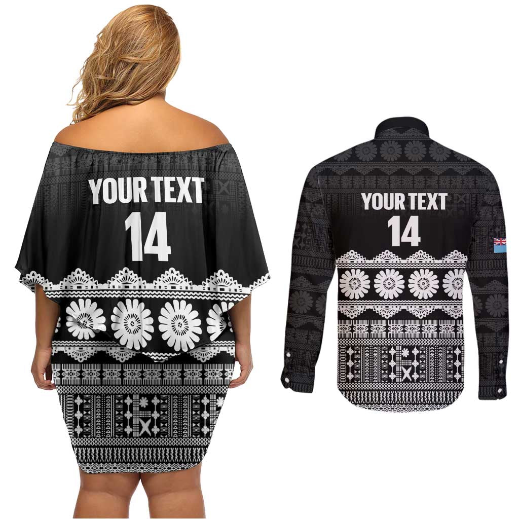 Fiji Tapa Rugby Custom Couples Matching Off Shoulder Short Dress and Long Sleeve Button Shirt Go Fijiana - Polynesian Pride