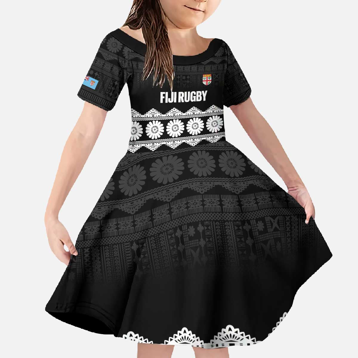 Fiji Tapa Rugby Custom Family Matching Off The Shoulder Long Sleeve Dress and Hawaiian Shirt Go Fijiana - Polynesian Pride