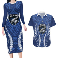 Auckland 2026 Rugby Custom Couples Matching Long Sleeve Bodycon Dress and Hawaiian Shirt NZ Maori Silver Fern LT14 Blue - Polynesian Pride