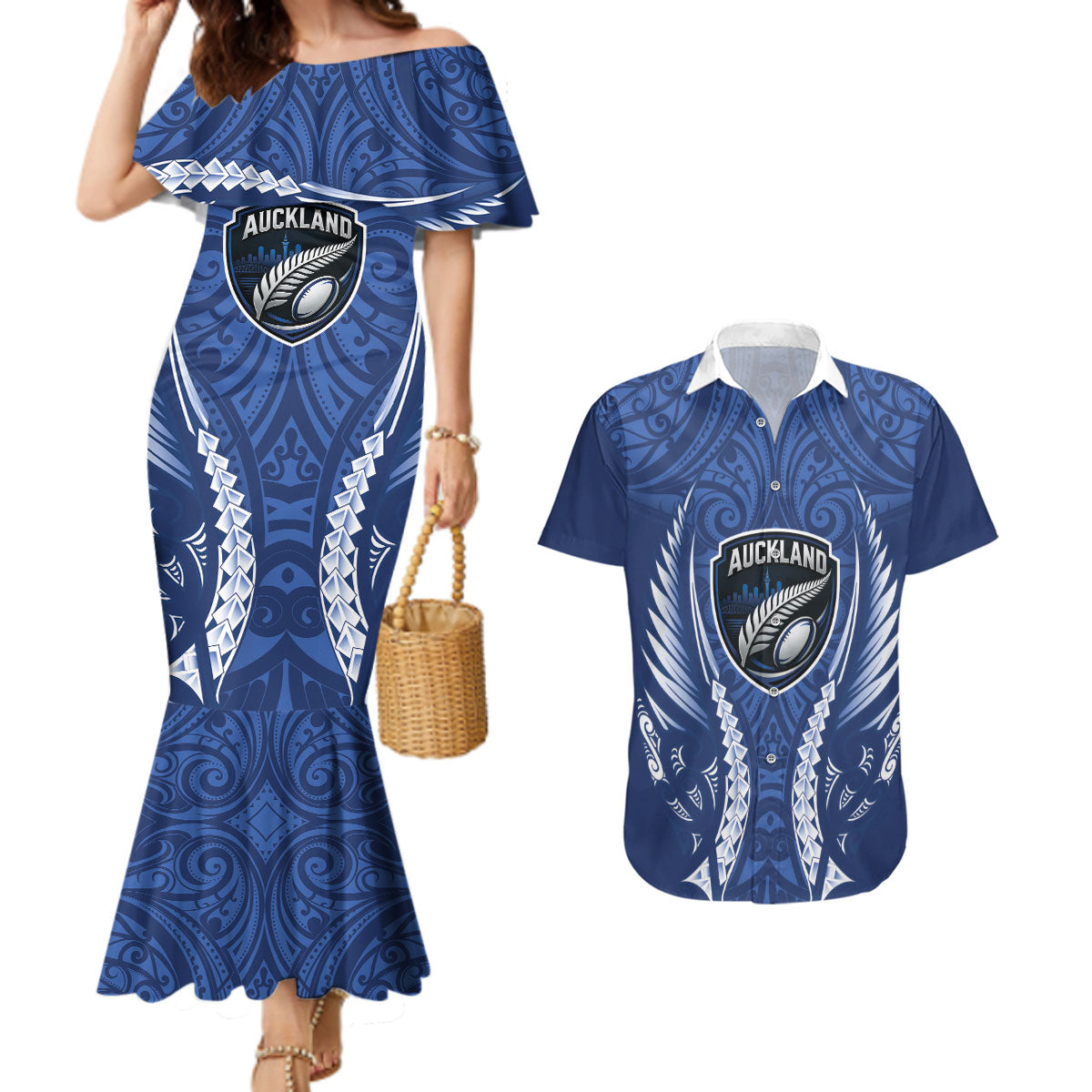 Auckland 2026 Rugby Custom Couples Matching Mermaid Dress and Hawaiian Shirt NZ Maori Silver Fern