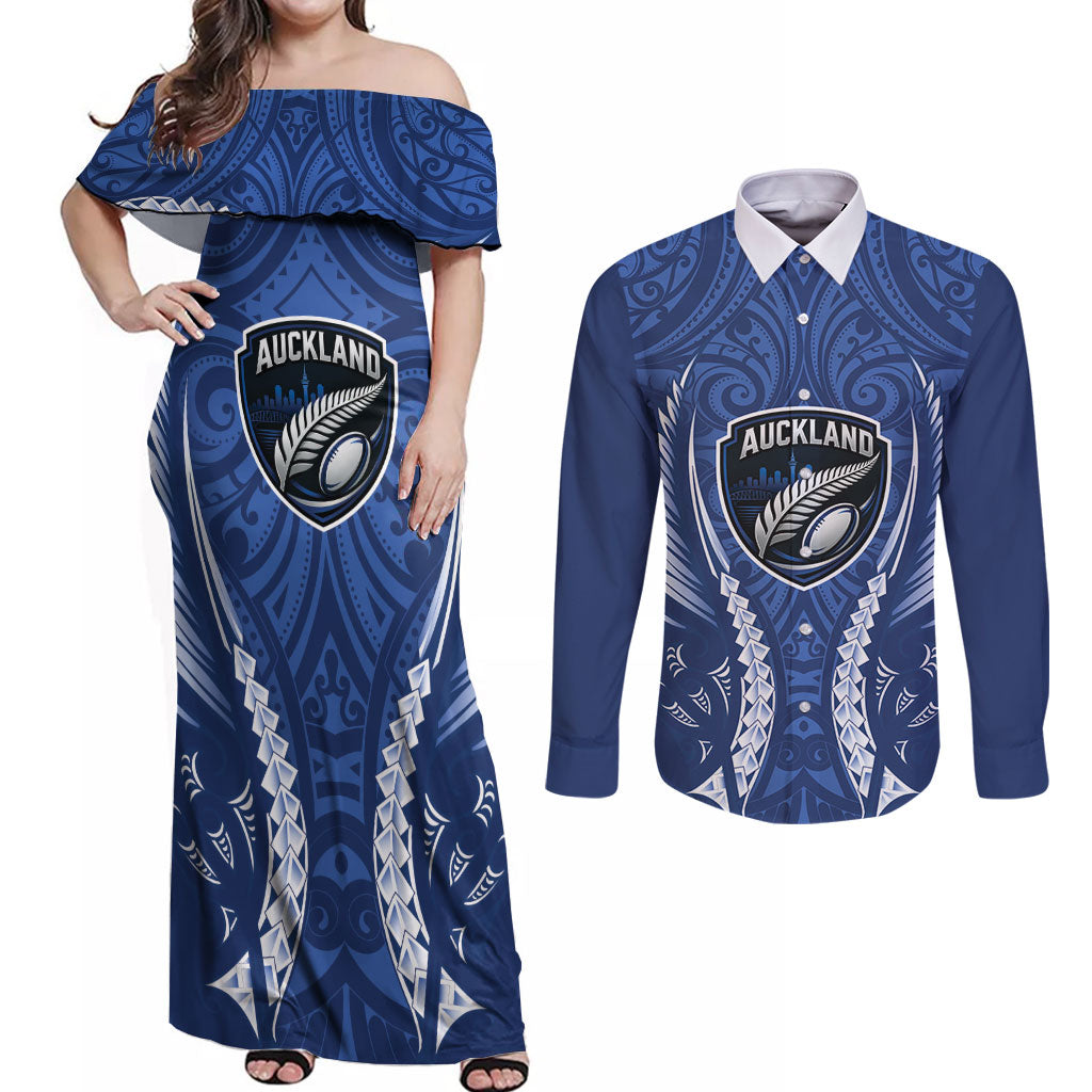 Auckland 2026 Rugby Custom Couples Matching Off Shoulder Maxi Dress and Long Sleeve Button Shirt NZ Maori Silver Fern