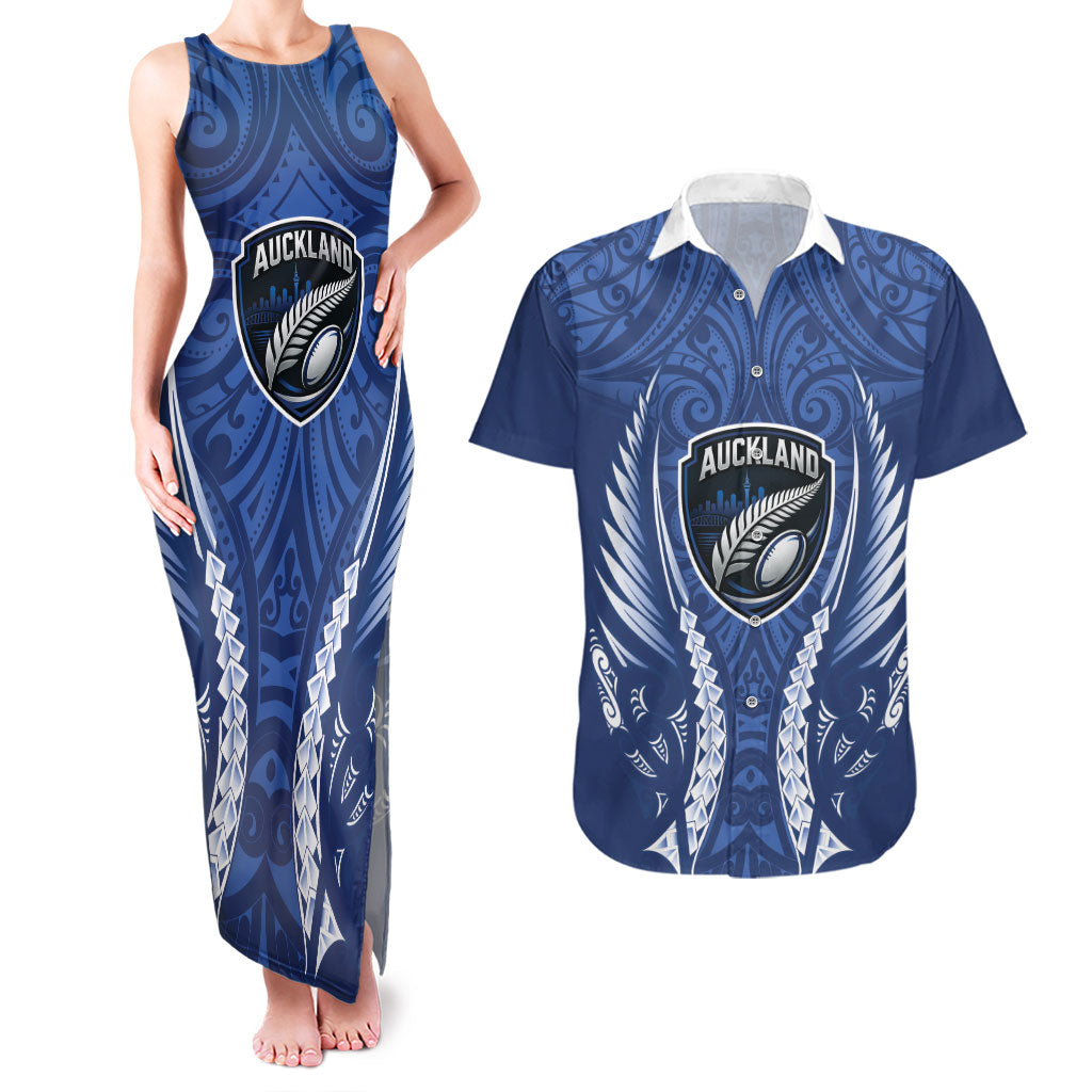 Auckland 2026 Rugby Custom Couples Matching Tank Maxi Dress and Hawaiian Shirt NZ Maori Silver Fern