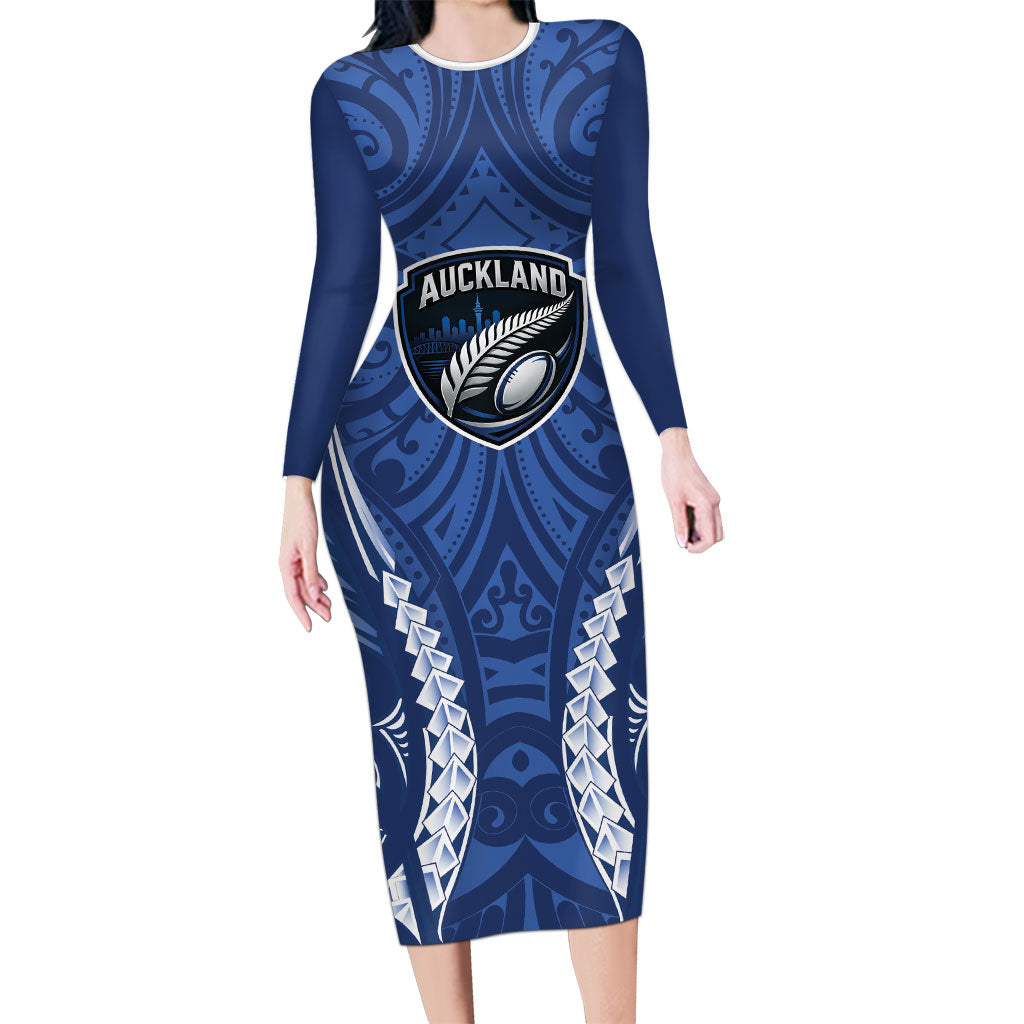 Auckland 2026 Rugby Custom Family Matching Long Sleeve Bodycon Dress and Hawaiian Shirt NZ Maori Silver Fern LT14 Mom's Dress Blue - Polynesian Pride