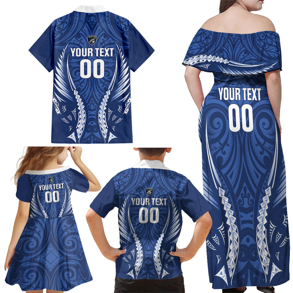Auckland 2026 Rugby Custom Family Matching Off Shoulder Maxi Dress and Hawaiian Shirt NZ Maori Silver Fern LT14 - Polynesian Pride