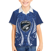 Auckland 2026 Rugby Custom Family Matching Off Shoulder Maxi Dress and Hawaiian Shirt NZ Maori Silver Fern LT14 Son's Shirt Blue - Polynesian Pride