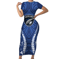 Auckland 2026 Rugby Custom Family Matching Short Sleeve Bodycon Dress and Hawaiian Shirt NZ Maori Silver Fern LT14 Mom's Dress Blue - Polynesian Pride
