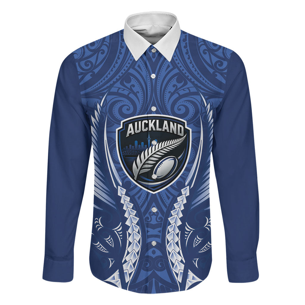 Auckland 2026 Rugby Custom Family Matching Tank Maxi Dress and Hawaiian Shirt NZ Maori Silver Fern LT14 Dad's Shirt - Long Sleeve Blue - Polynesian Pride