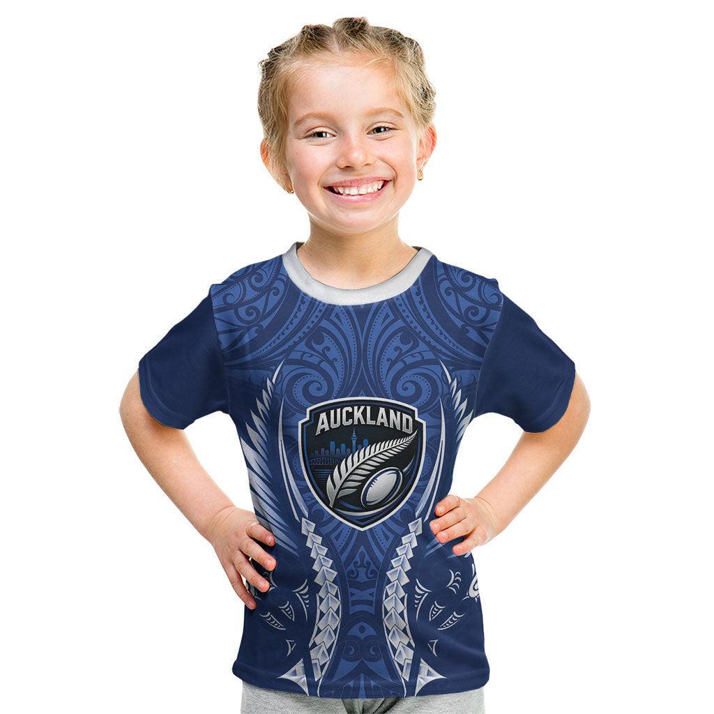 Auckland 2026 Rugby Custom Kid T Shirt NZ Maori Silver Fern LT14 Blue - Polynesian Pride